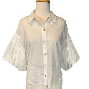 The Line Of Style Collared Short Puff Sleeve Button Down Shirt Top NWOT White